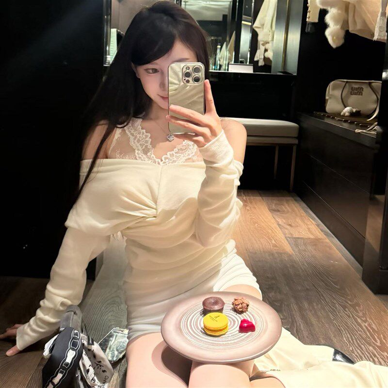一芝薇白色V领一字肩上衣女秋冬季蕾丝内搭吊带针织衫露肩打底T恤