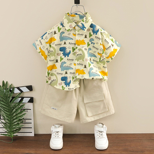 男童港风衬衫短袖套装儿童2023新款度假沙滩衣服小童宝宝夏装童装