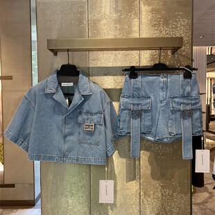新款 套装 水洗蓝色短款 外套大口袋牛仔短裤 女 牛仔短袖 小众2024夏季