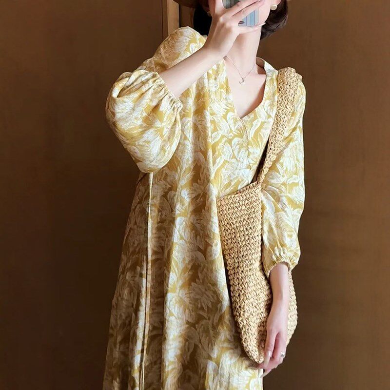 100%苎麻新中式花房碎花连衣裙女早秋V领长袖高腰宽松显瘦长裙子