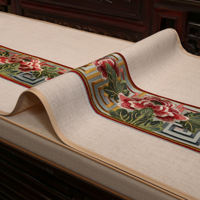 中式沙发巾坐垫全包盖布防u滑套罩巾高档红木棉麻刺绣靠背巾可定