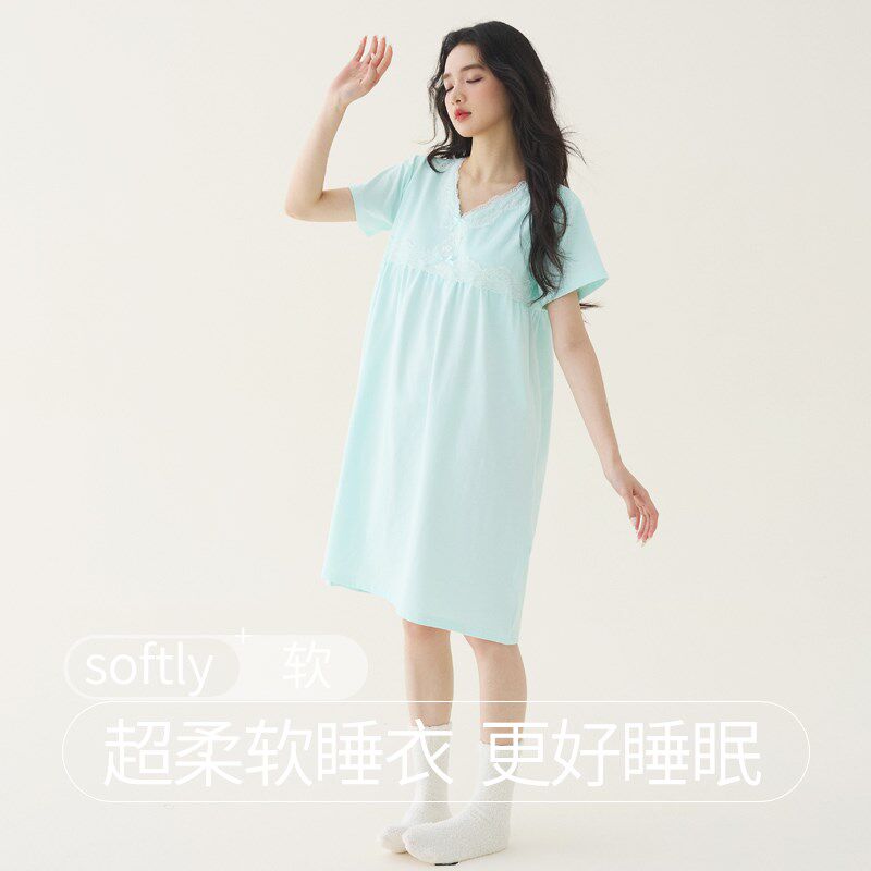 带胸垫睡裙夏季女新款蕾丝花边睡衣短袖纯棉宽松中长新款夏天长裙