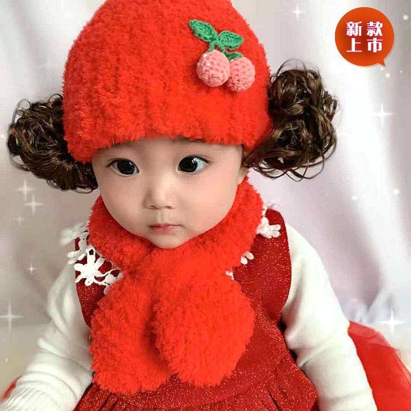 女宝宝假发帽子新款秋冬公主可爱婴儿帽J子冬天加厚大红色毛线帽