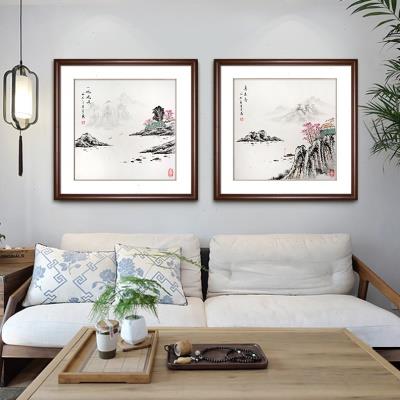 纯手绘中式山水画水墨画客厅沙发玄关包间餐厅斗方国画装饰挂画框