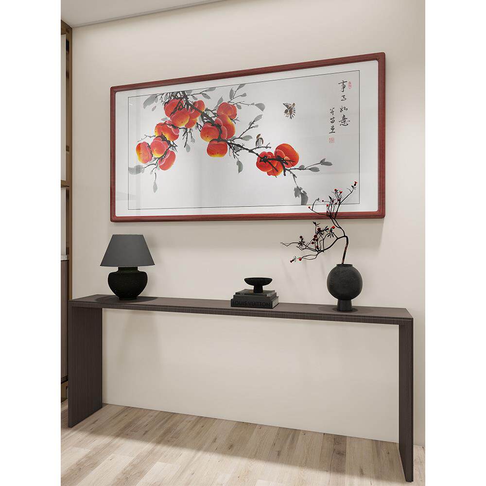 手绘国画事事如意餐厅别墅条案装饰画寓意好柿子喜鹊中式挂画横款