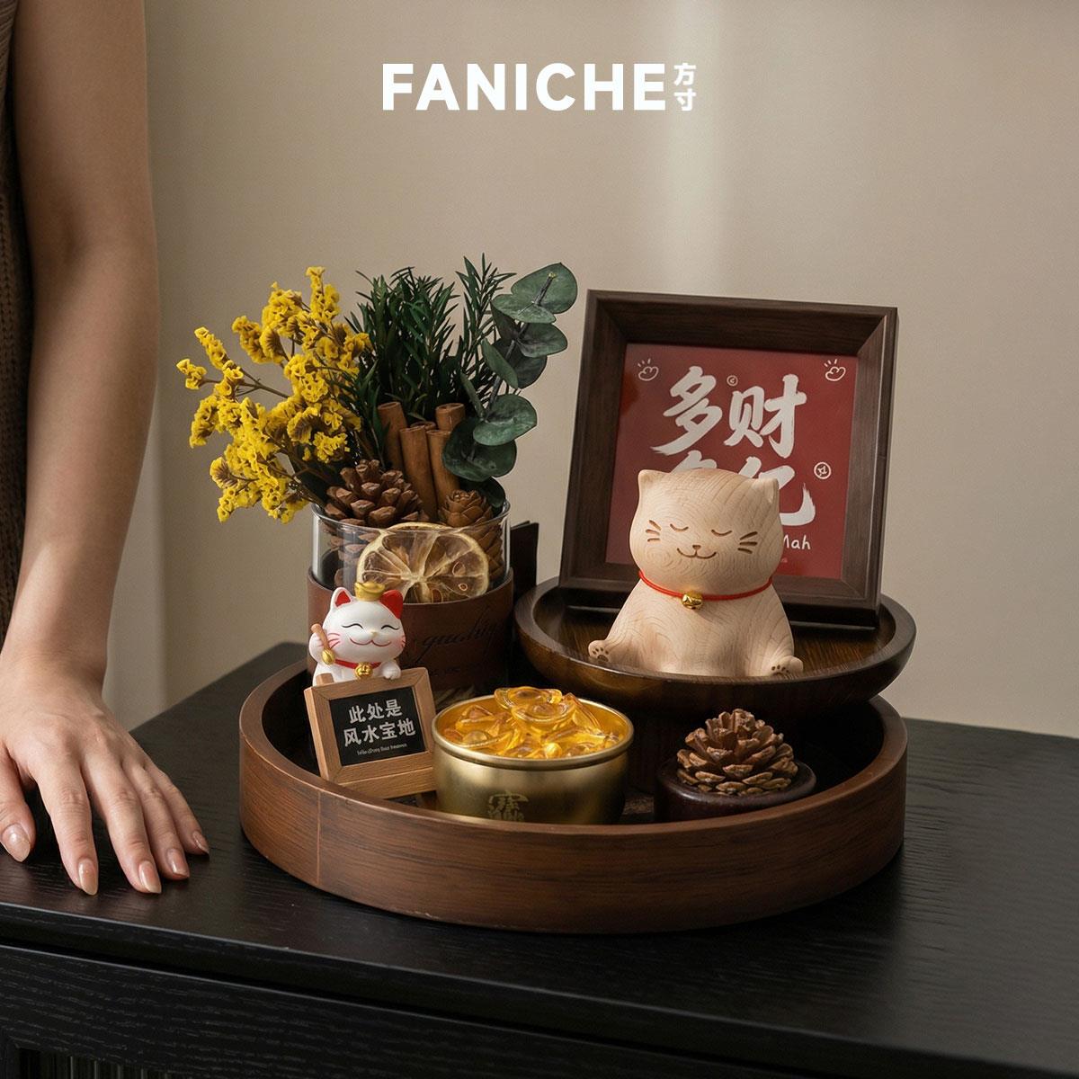 FANICHE方寸创意榉木招财猫旺财桌面摆设收纳托盘装饰品摆件礼物