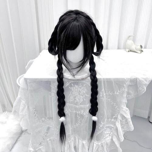 喵灵界假发女80cm直发齐浏海黑长直麻花辫Lolita日系jk全头套