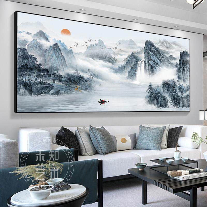流水生财新中式山水画客厅挂画茶室办公室壁画靠山图背景墙装饰画