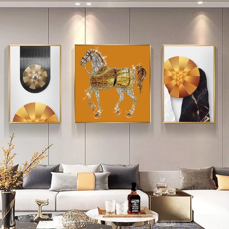 .镶钻晶瓷骏马三联画客厅装饰画轻奢现代沙发背景墙挂画3d立体大图片