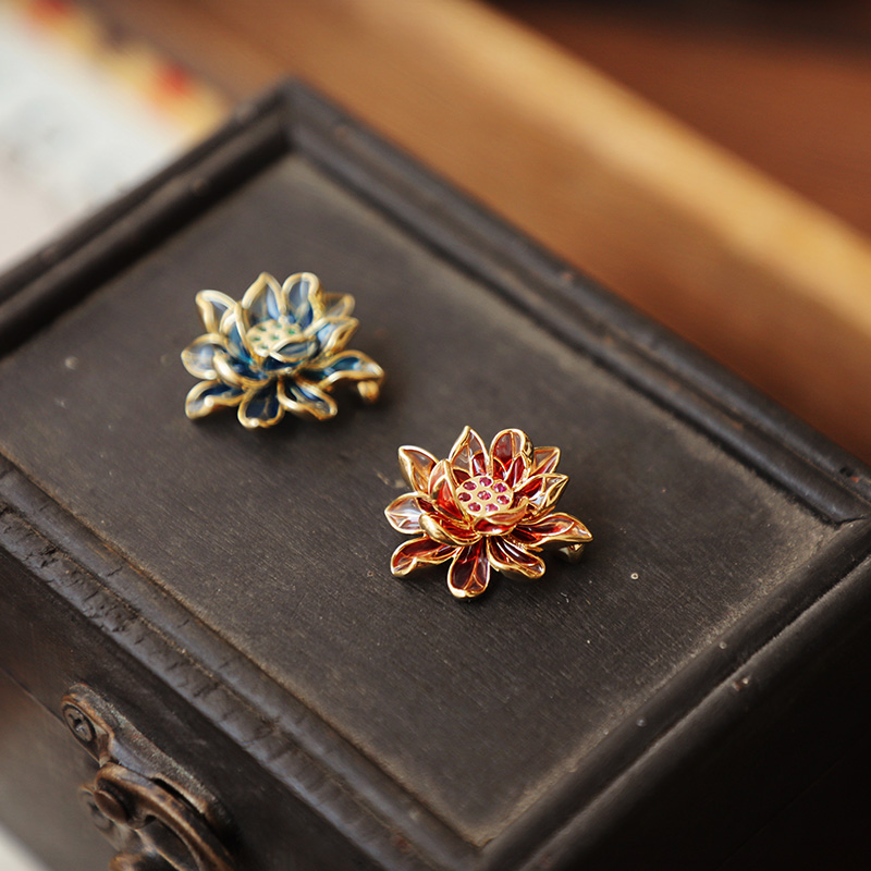 清水莲 复古新中式m国风红色蓝色莲花领针扣 女 汉服旗袍胸针 小
