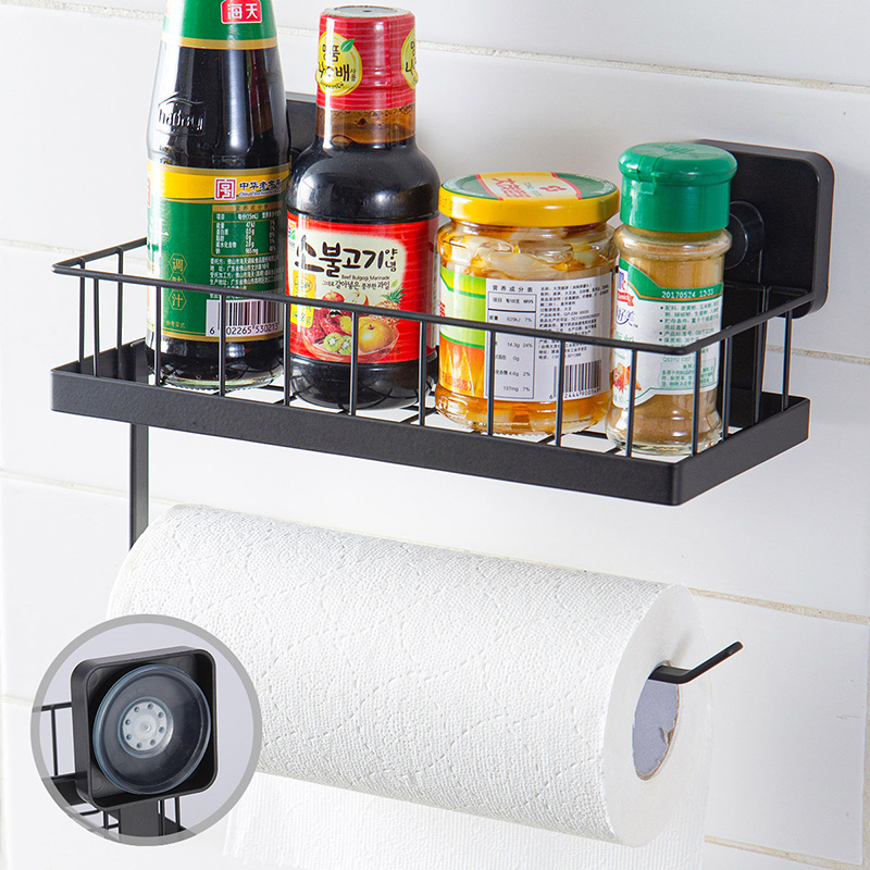 厨房置物架连纸巾架黑色吸盘壁挂调味料浴室沥水加长置物连毛巾架