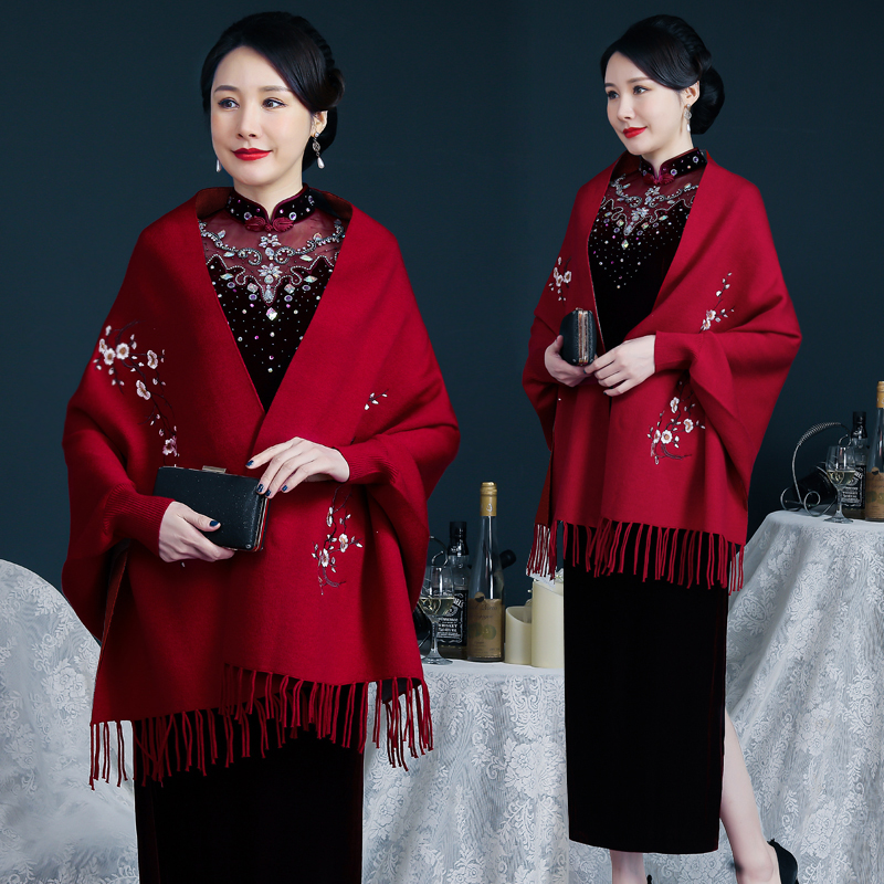 春秋带袖披肩婚礼妈妈配旗袍外搭秋冬喜婆M婆羊绒结婚礼服斗篷外