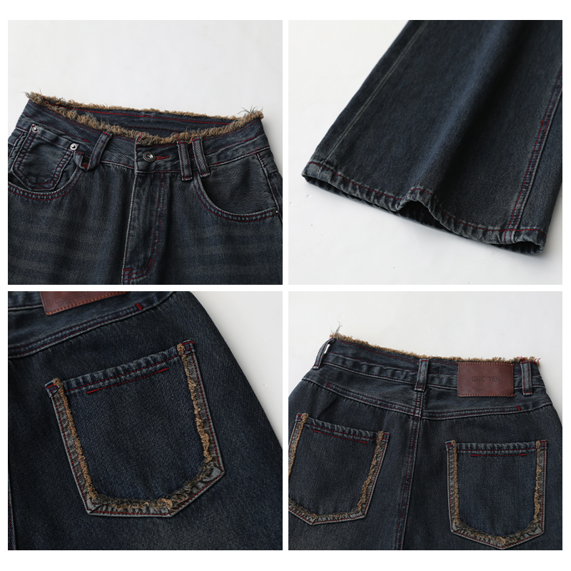 CV大尺码女装i i冬季新品复古高腰毛边微喇牛仔裤显瘦拖地裤微胖