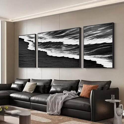 黑白灰海浪客厅装饰画极简沙发背景墙装饰画抽象落地画高级感挂画