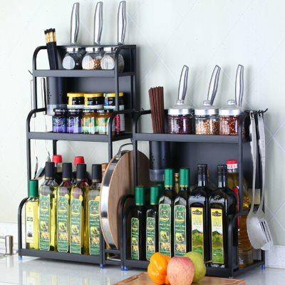 厨房置物架不锈钢调味料刀架多功能厨房用品收纳架黑色壁挂落地