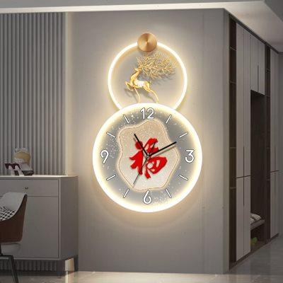 福字钟表装饰画客厅电视背景墙装饰时钟挂墙壁灯画高级感餐厅挂钟