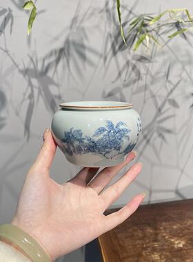 惊蛰 覆古青花瓷橘子花建水带盖茶洗茶渣罐废水罐陶瓷茶具配件