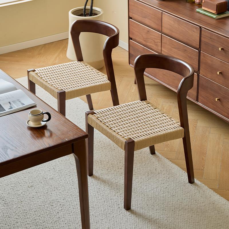 北欧实木餐椅绳编椅家用靠背书桌椅设计师法式复古中古风藤编椅子