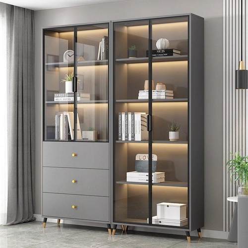 书柜带玻璃门展示陈列现代轻奢定制家用客厅一体整墙到顶书架防尘