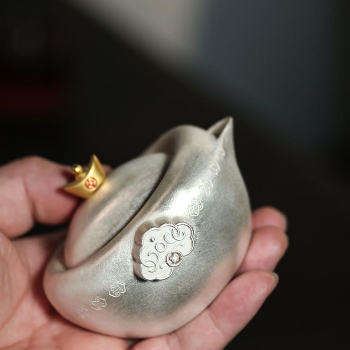 宜兴紫砂壶【一锭银 一定赢元宝手抓壶】手工功夫茶具鎏银茶壶