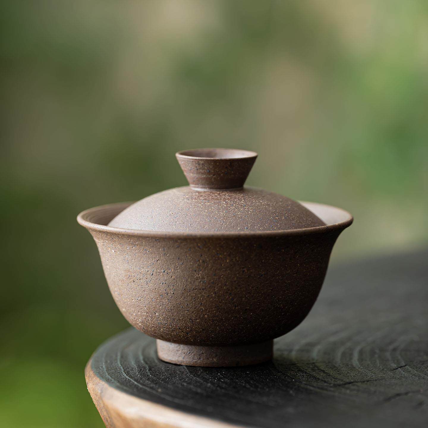 老岩泥粗陶二才盖碗茶杯可悬停旋转陶瓷单个高档复古茶杯泡茶碗具