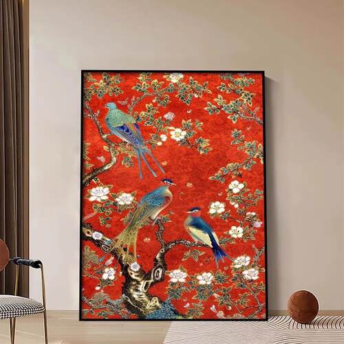 新中式花鸟祥和图《喜上枝头》好寓意小众玄关客厅装饰画礼品挂画