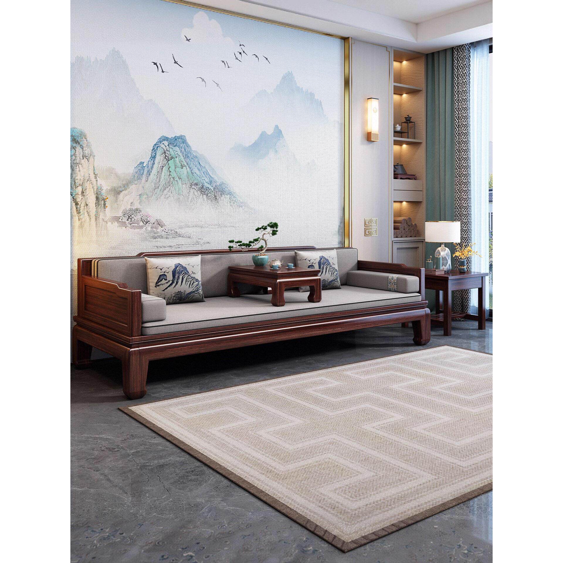 新中式可推拉乌金木实木罗汉床冬夏两用客厅伸缩沙发床睡塌带炕几