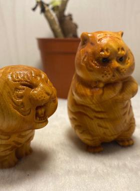 崖柏黄杨木雕老虎手把件可爱胖虎摆件男士盘玩实木生肖汽车挂件