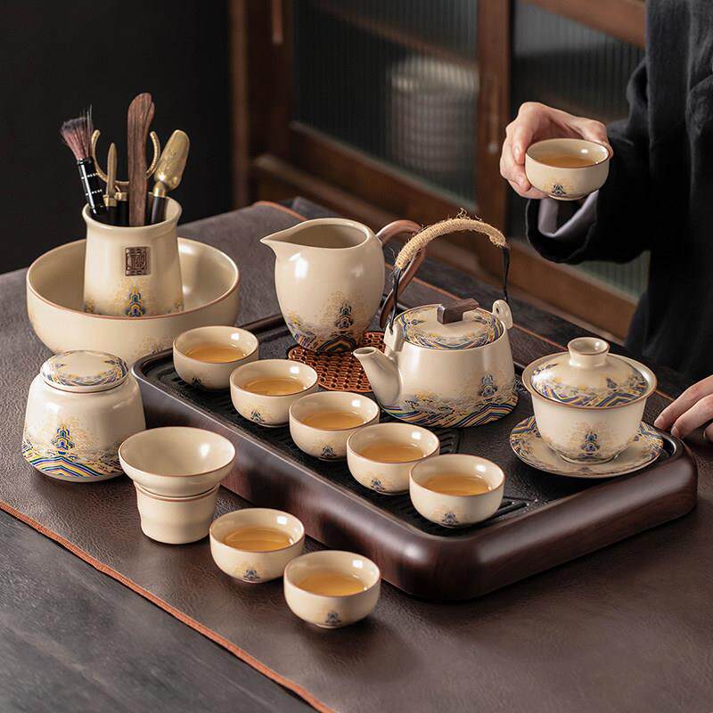 景德镇米色汝窑功夫茶具家庭接待陶瓷茶壶茶杯茶盘办公成套