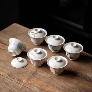 手绘复古草木灰盖碗釉下彩手工泡茶碗家用陶瓷不烫手单个喝茶碗