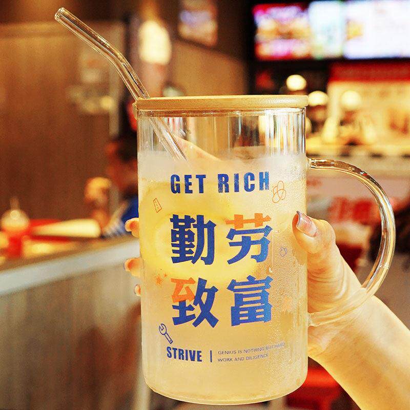 玻璃杯喝水杯大容量1000ml高硼硅带盖子茶杯办公室吸管杯子家用男