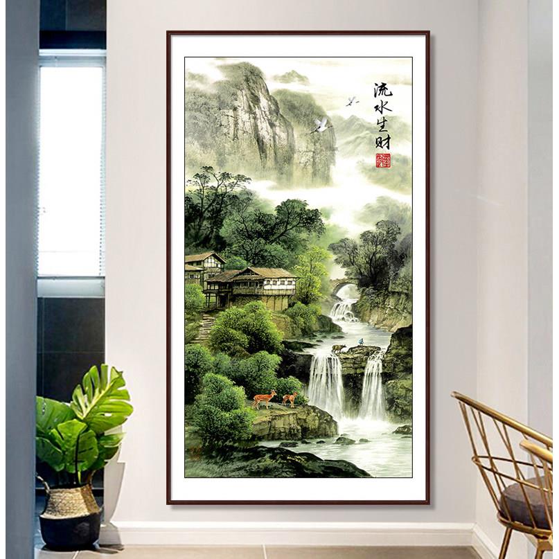 十字绣2024新款线绣竖版玄关大幅风景满绣客厅流水生财中式山水画