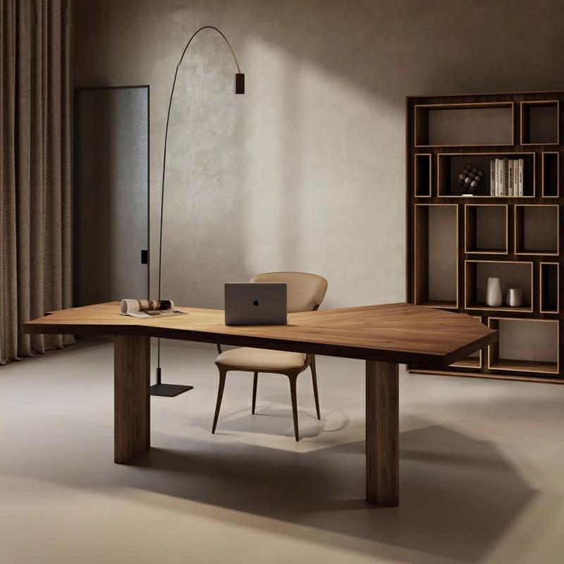 新中式实木书桌高端黑胡桃木不规则电脑办公桌扇形艺术写字台新款