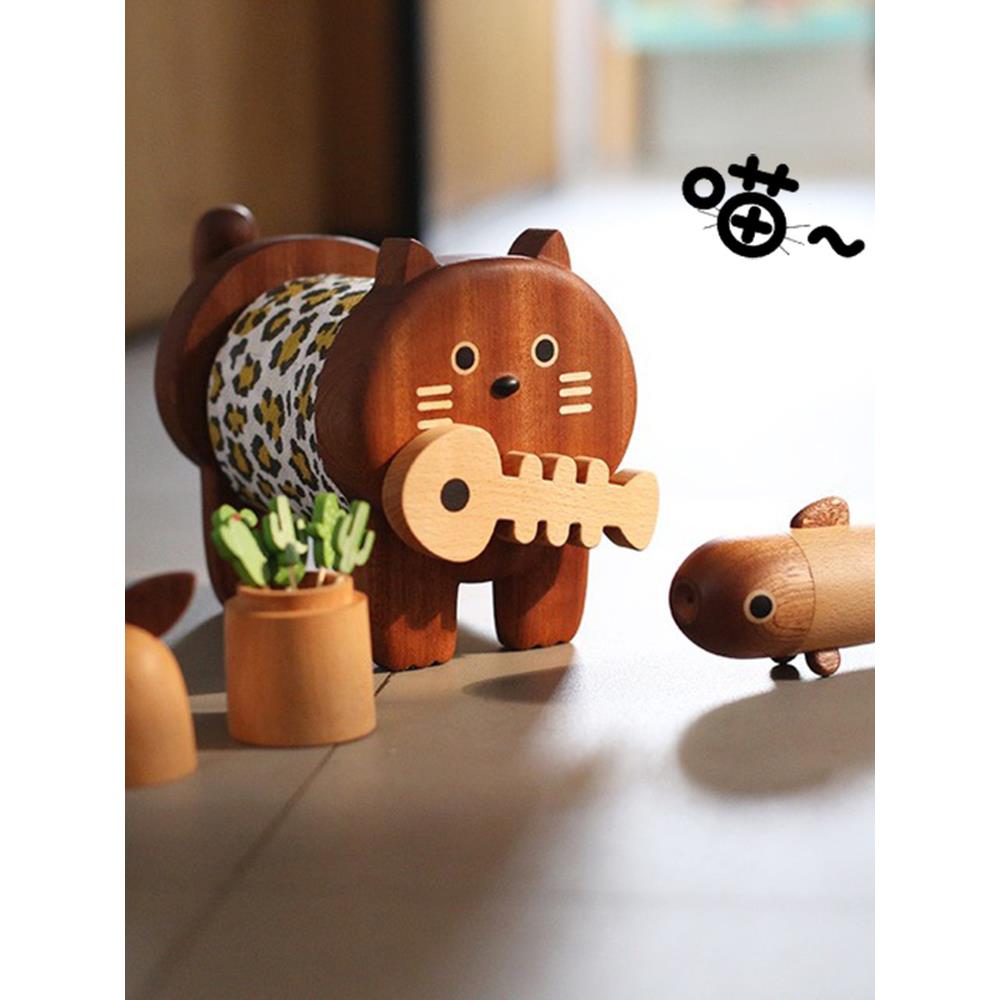 朴木原实木猫咪纸巾架原创设计厨房卷纸收纳架立式抽纸鱼儿开瓶器