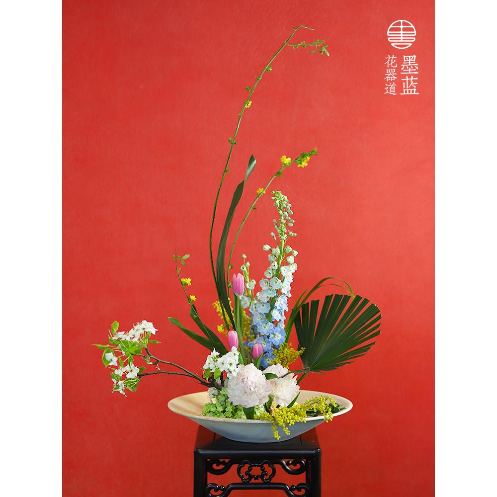 手工粗陶瓷刻纹斗笠碗覆古磨砂特大圆盘中式插花盆客厅玄关摆件