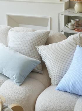 韩系简约家居覆古蓝色格子条纹经典款抱枕少女棉麻靠垫