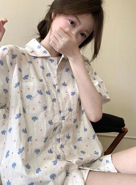 蓝色小象纯棉睡衣女款夏季双层纱布娃娃领短袖短裤甜美少女家居服