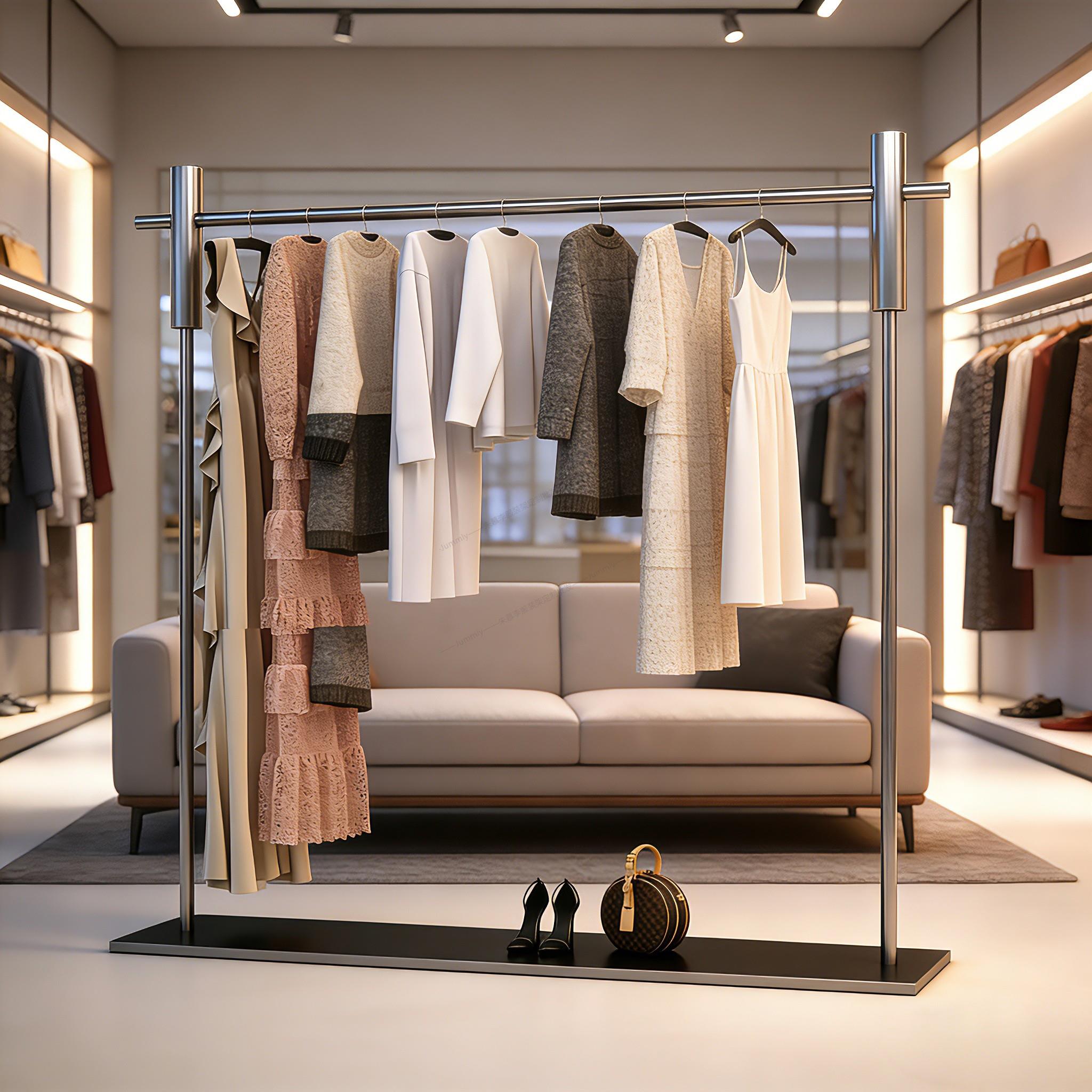 服装店展示架落地式不锈钢银色简约陈列架女装中岛货架男装挂衣架