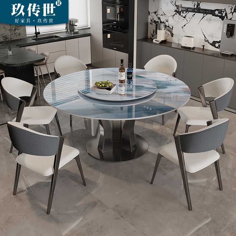 奢石岩板餐桌大圆桌o圆形桌子意式轻奢高端家用餐桌椅组合别墅多