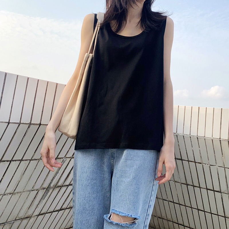 宽松纯棉吊带背心女内搭无袖t恤白色韩版小清新上V衣大码外穿夏黑