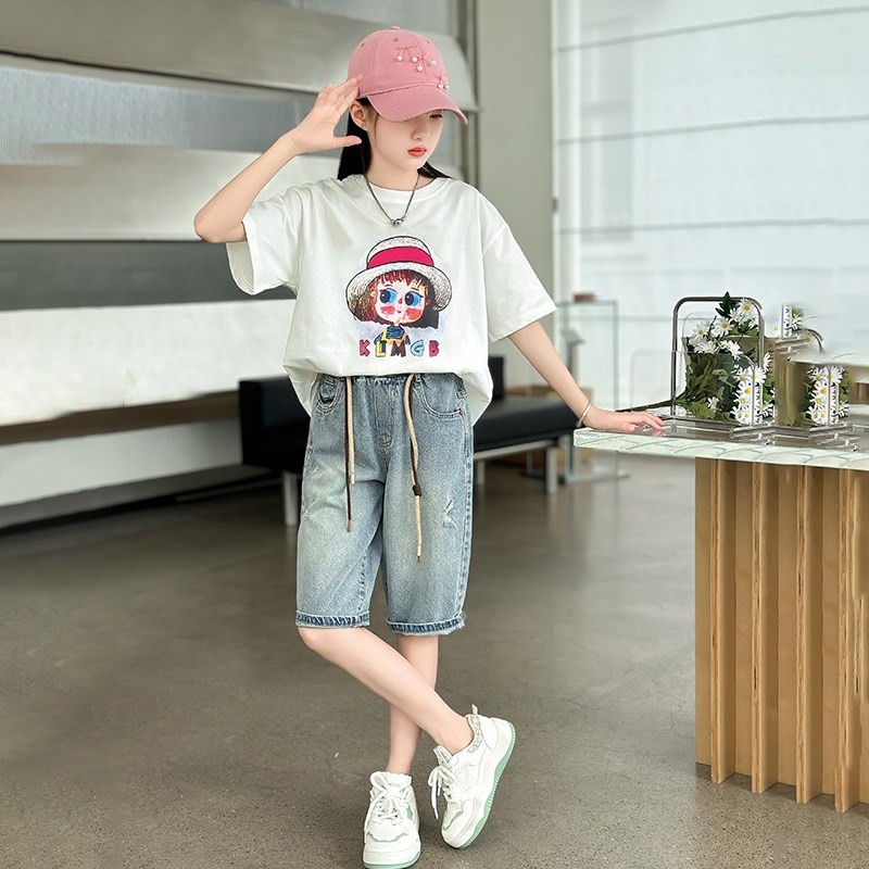 女童夏装套装2024新q款洋气儿童牛仔F短裤两件套夏季薄款大童五分