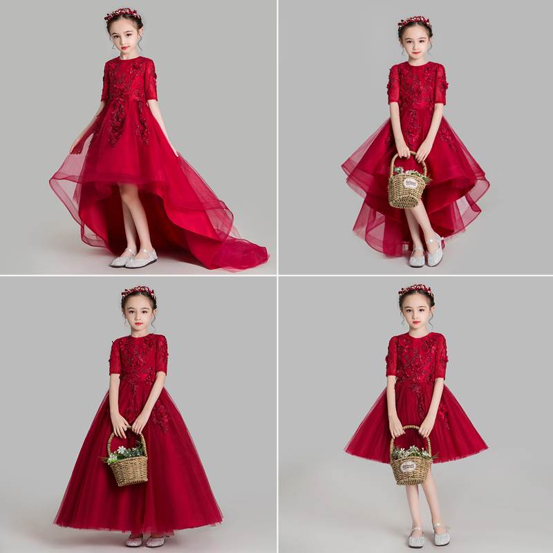 儿童晚礼服公主裙蓬n蓬纱女童婚纱拖尾小孩花童P模特走秀钢琴演出