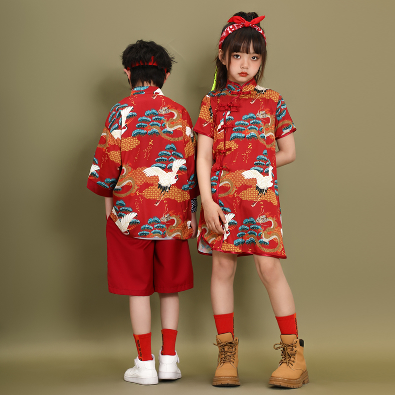 男童汉服夏款女童民族风套u装六一C儿童啦啦队中国风表演唐装演出