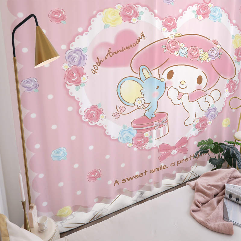 卡通儿童房窗帘女孩卧室粉色系少女窗纱纱帘N透光不透人挂钩式对