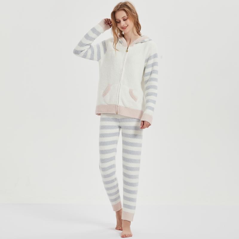 半边绒经典条纹系列连帽女士睡衣.家居服秋冬