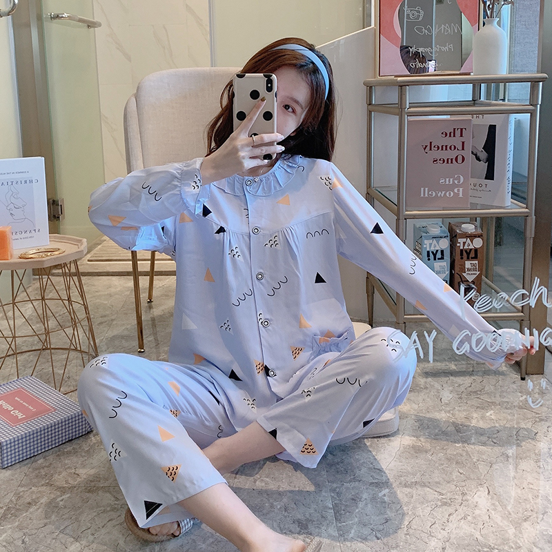 春秋绵绸睡衣女夏季薄款棉绸长袖人造I棉月子Q服家居服套装空调服