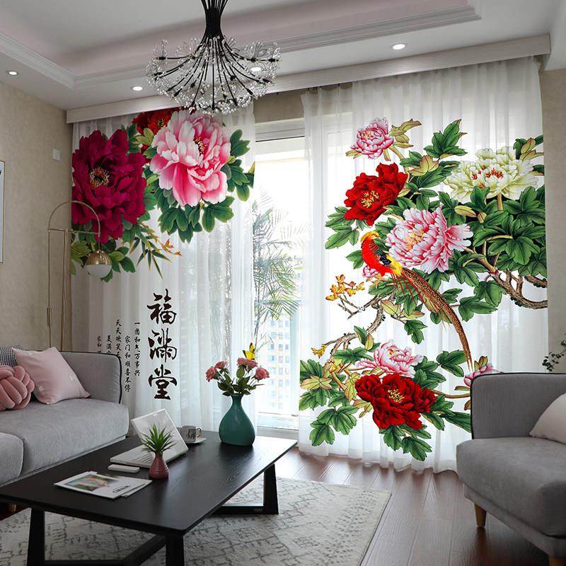 柯桥2023年新款窗帘中式复古客厅新中式中国风牡丹花古风花鸟纱帘,居家布艺,定制窗帘,淘宝优惠券,粉丝福利购,淘宝优惠卷
