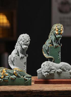国潮风青砂石盘龙柱麒麟摆件创意家居玄关庭院鱼缸沉水造景装饰品