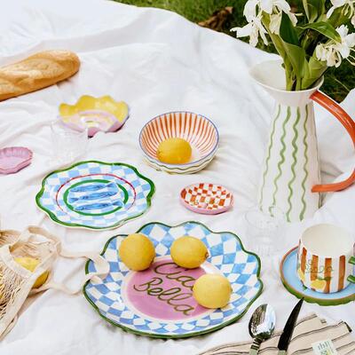 sort中国MIO NIDO海岛撞色手绘陶瓷餐具餐盘碟沙拉碗花瓶条纹波浪