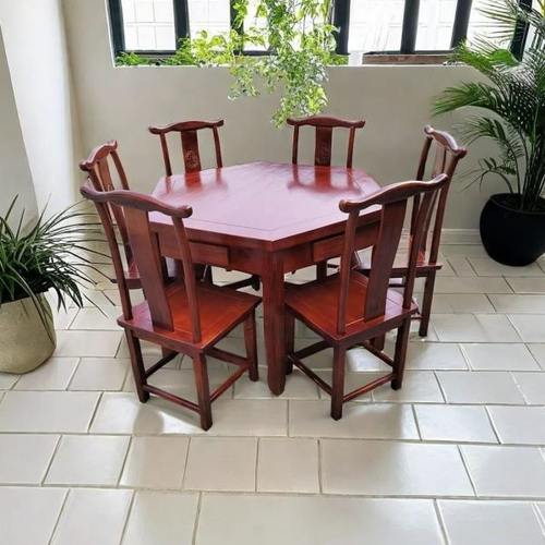 六角桌实木餐桌椅组合饭店茶楼中式六边形吃饭桌面馆棋牌狗腿桌子